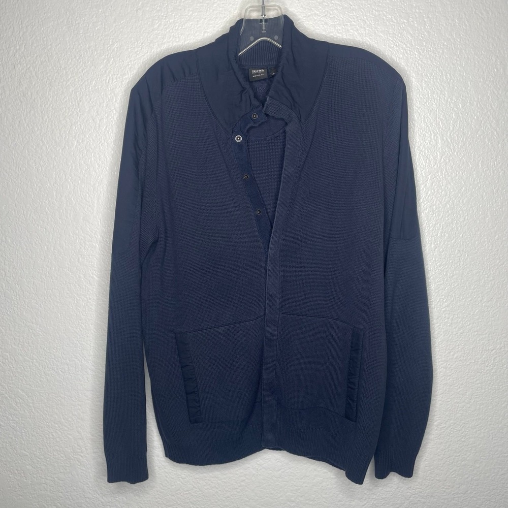 Hugo Boss Mens Navy Blue Cotton Snap Front Cardigan Sweater Regular Fit Large